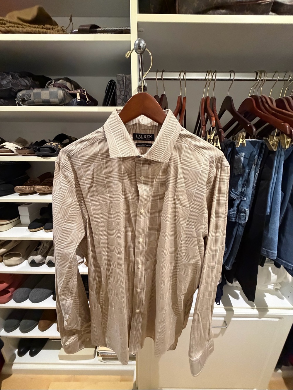 Men’s Lauren Ralph Lauren Beige Plaid Dress Shirt, Size: L, 16 1/2, 36/37